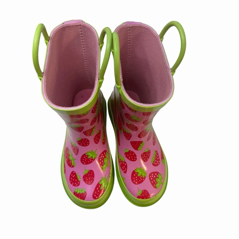 Blue Mountain Kids Strawberry Print Pink Lime Green Rubber Rain Boots BM230 13/1